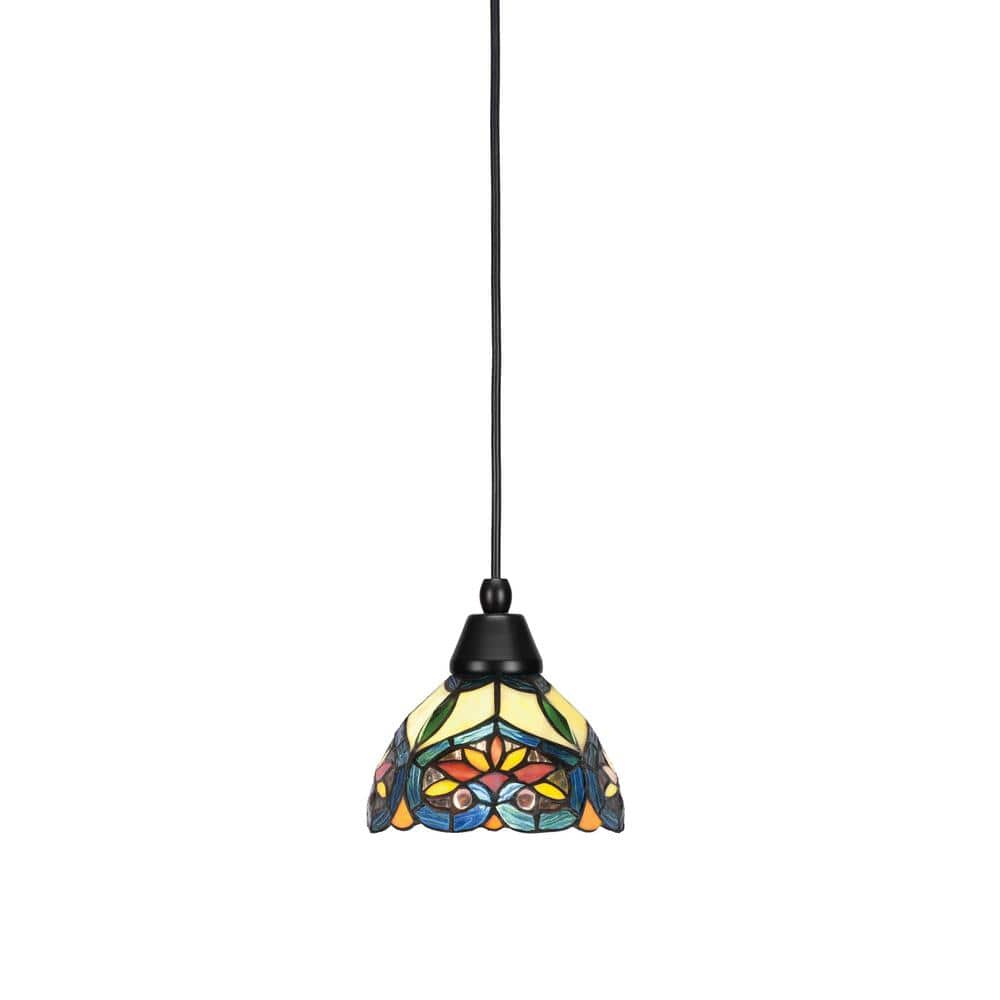 Bryson 7 in. 1-Light Matte Black Cord Pendant Light with 7 in. Pavo Art Gla