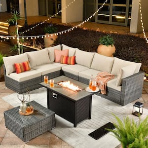 Daffodil A Gray 8-Piece Wicker Patio Rectangular Fire Pit Conversation Sofa Set with Beige Cushions