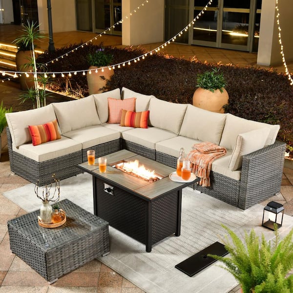 weaxty W Daffodil A Gray 8-Piece Wicker Patio Rectangular Fire Pit Conversation Sofa Set with Beige Cushions