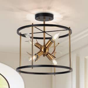 Modern Matte Black and Plating Brass 4-Light Semi-Flush Mount Ceiling Light with Sputnik Design and Crystal Accent