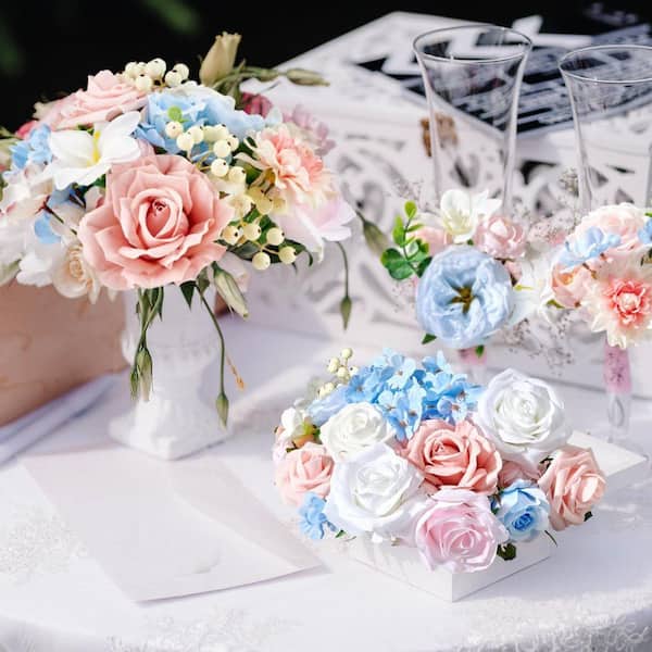 7.8 in. Blue Pink Artificial Rose Flowers Combo Box HPDBTX5F - The