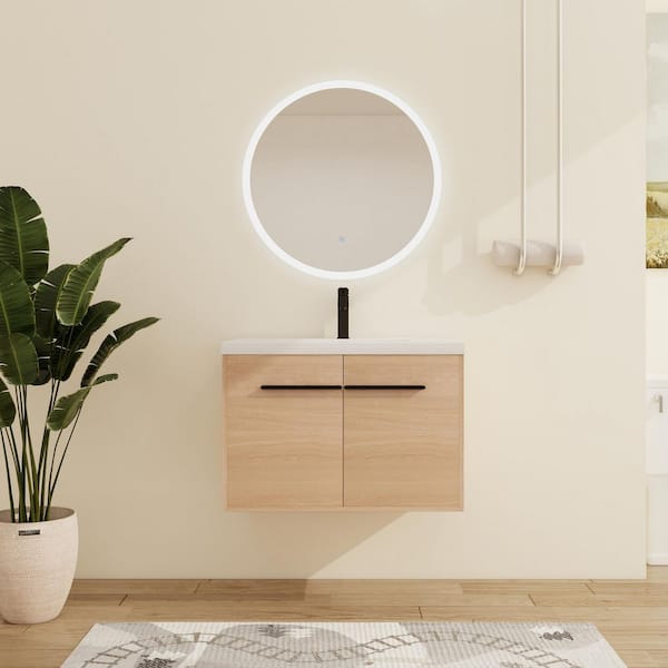 29.53 in. W x 18.11 in. D x 20.47 in. H Wall-Mounted Bath Vanity in Light Brown with White Resin Vanity Top