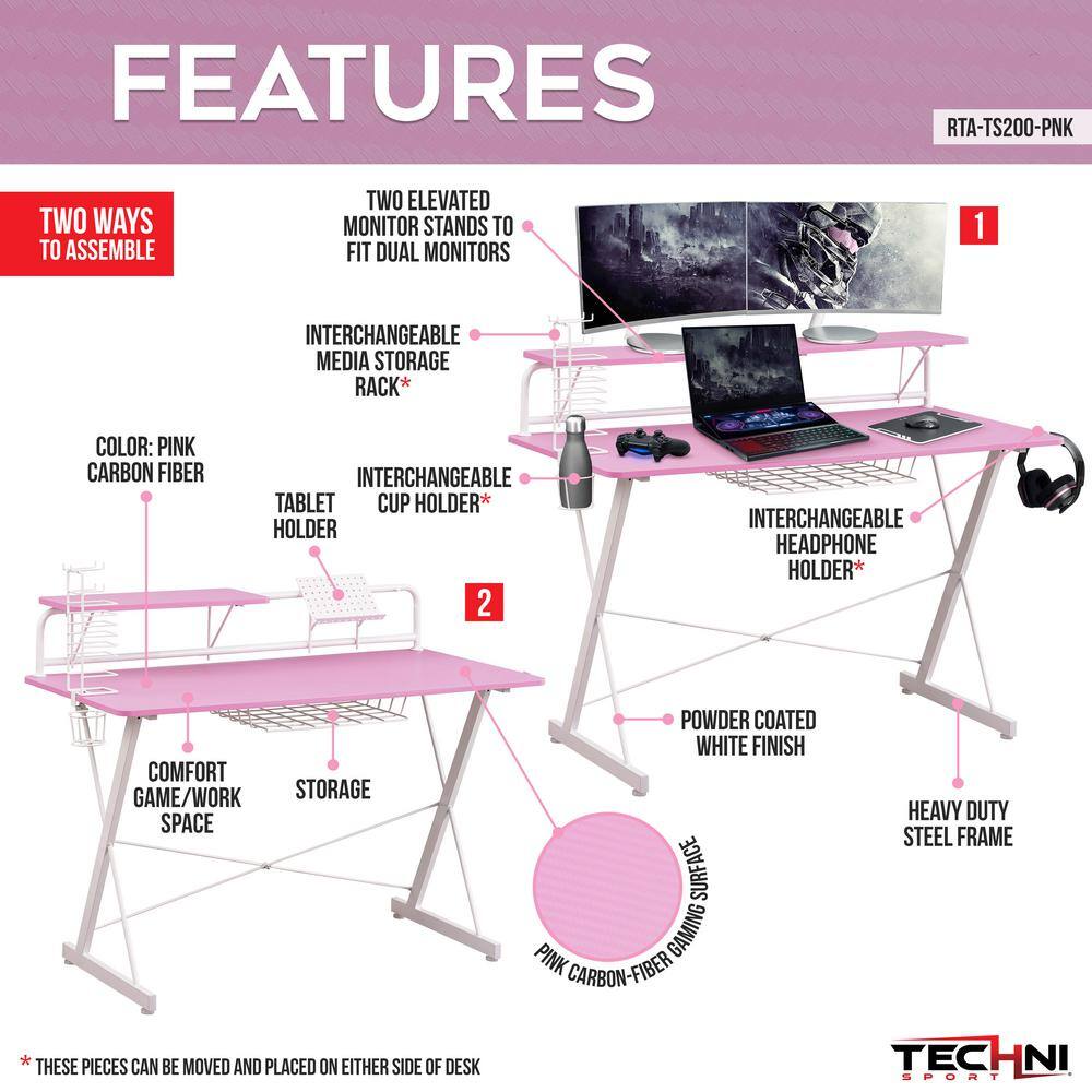 Techni Sport Dual Monitor Carbon Fiber Gaming Desk with Cup Holder - Pink