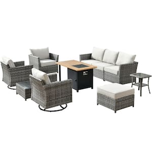 Eufaula Gray 10-Piece Wicker Outdoor Patio Conversation Sofa Set with a Storage Shelf Fire Pit and Coarse Beige Cushions
