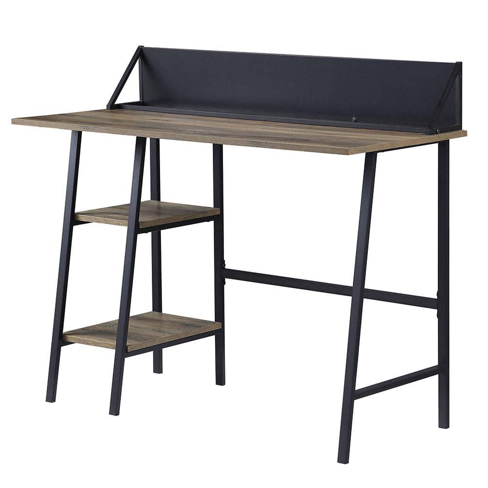 Rustic Oak and Black Wood Writing Desk with Shelves