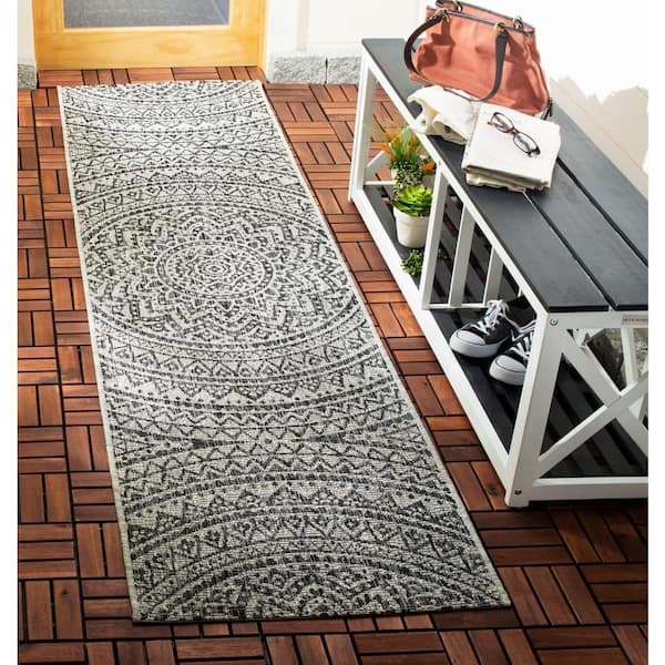 Courtyard Light Gray/Black 2 ft. x 5 ft. Runner Medallion Indoor/Outdoor Area Rug