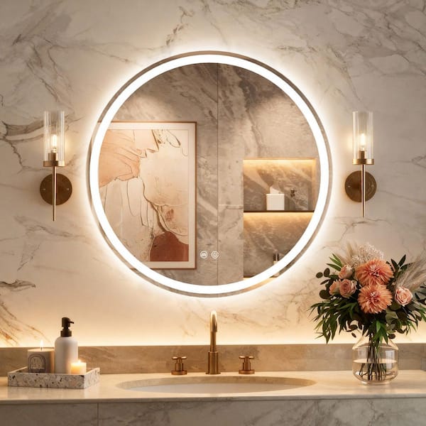 LightWeight SPIEGEL 壁かけミラー LuxHomez 24 in. W x 24 in. H Round LED Frameless Wall Mounted