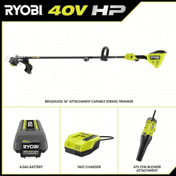 40V HP Brushless 16 in. Cordless Attachment Capable String Trimmer & Blower Attachment w/ 4.0 Ah Battery & Charger