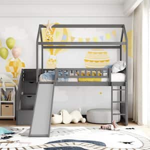 Gray Twin Size House Loft Bed with Slide and Storage Drawers, Wood Kids Loft Bed Frame with Staircases and House Roof