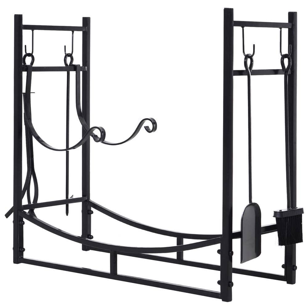 Outsunny 33 in. L Wrought Iron Indoor Outdoor Fireplace Tool Set Log Rack Holder with Fireplace Tools 842-129 - The Home Depot