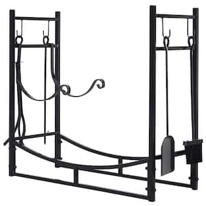 33 in. L Wrought Iron Indoor Outdoor Fireplace Tool Set Log Rack Holder with Fireplace Tools