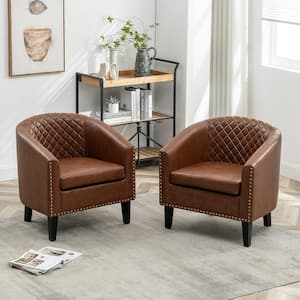 Brown Tufted Faux Leather Small Club Bar Barrel Chair Set of 2 with Nailhead Trim