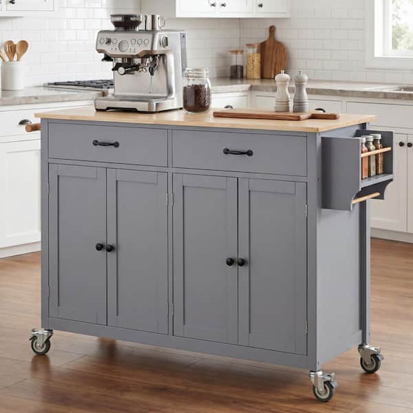 Ximuprmy Blue Wood 54 in. Kitchen Island with Solid Wood Top