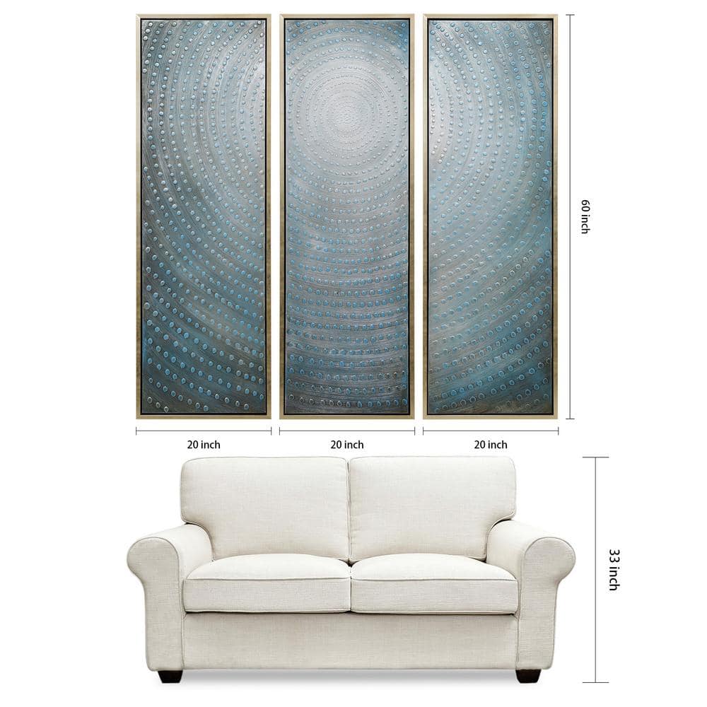 Concentric Blue and Silver Abstract Canvas Triptych, 60" x 60"
