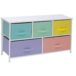 5-Drawer Pastel White Dresser Steel Frame Wood Top Easy Pull Fabric Bins 11.87 in. L x 39.5 in. W x 24.62 in. H