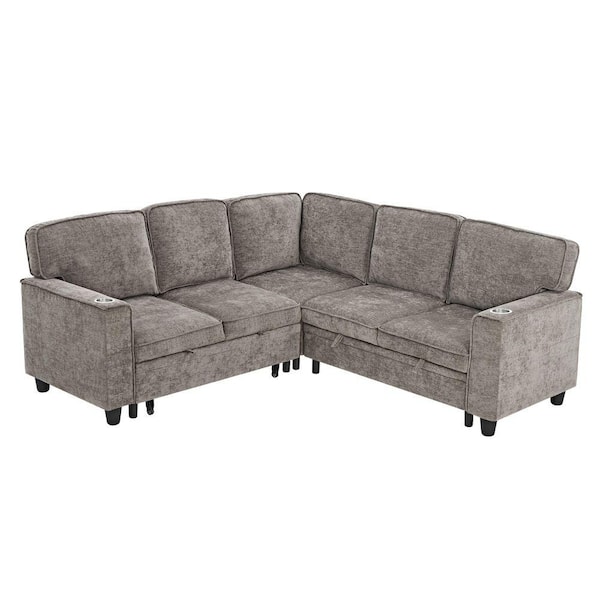 81 in. W 4-Piece L-Shaped Chenille Sectional Sofa in Light Brown with Storage, 5-Seat Sleeper Sofa Bed with USB Ports