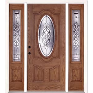67.5 in.x81.625 in. Lakewood Zinc 3/4 Oval Lite Stained Medium Oak Right-Hand Fiberglass Prehung Front Door w/Sidelites