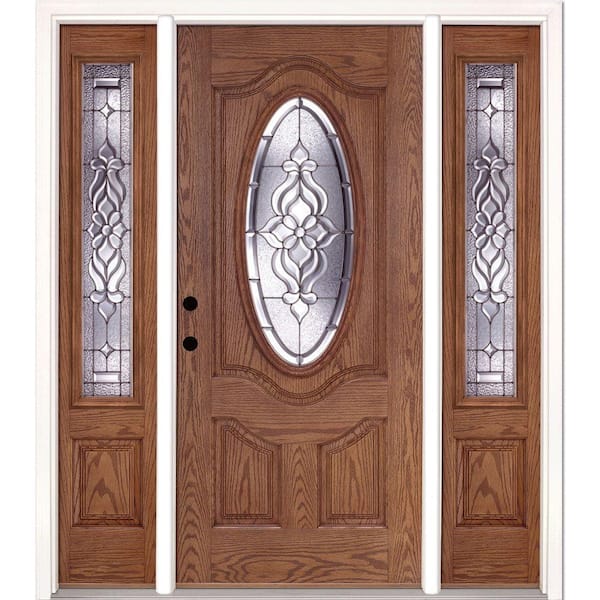 Feather River Doors 67.5 in.x81.625 in. Lakewood Zinc 3/4 Oval Lite Stained Medium Oak Right-Hand Fiberglass Prehung Front Door w/Sidelites
