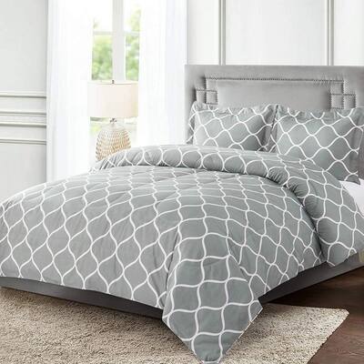 3-Pieces Gray Geometric Polyester Queen Bedding Comforter Set