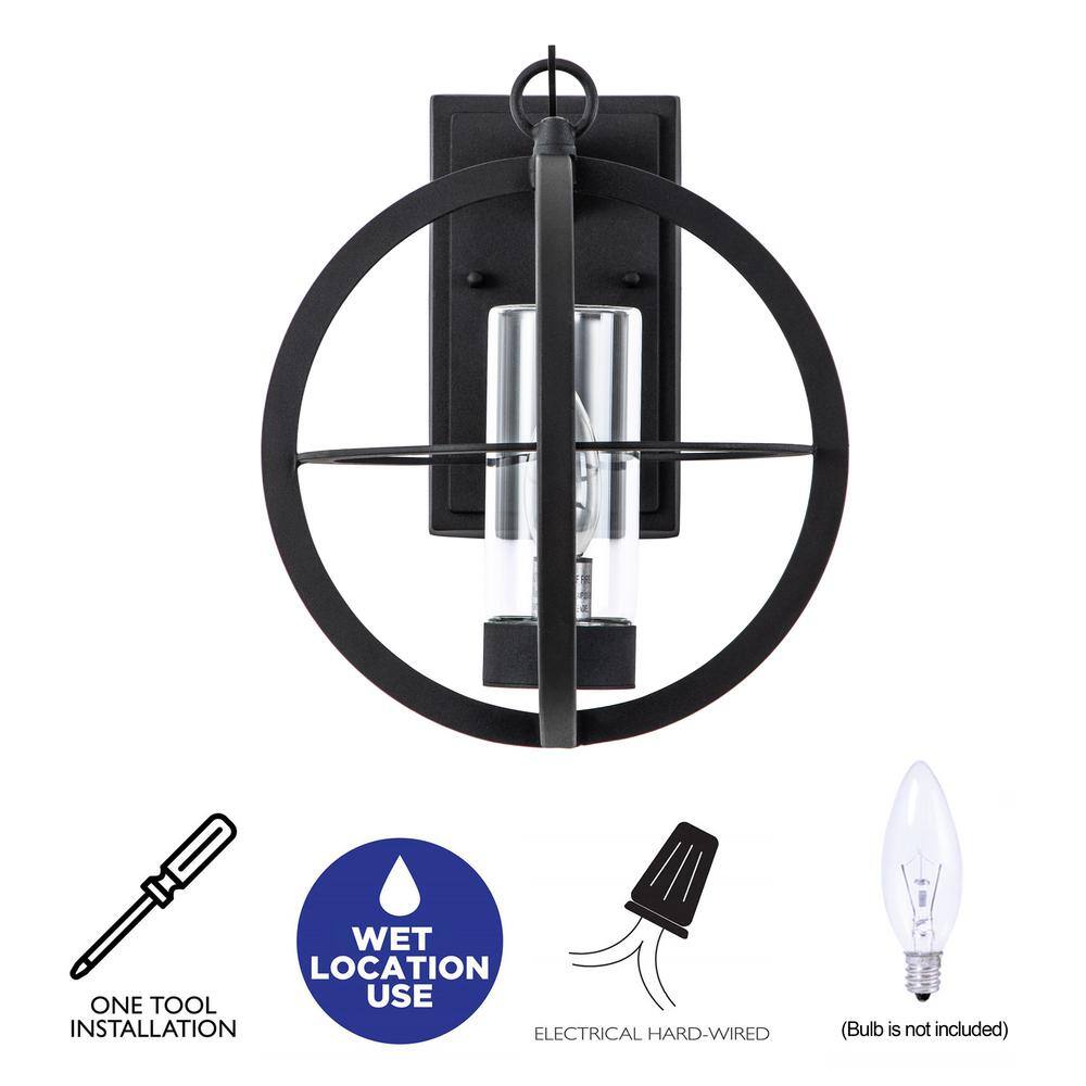 Matte Black Metal Globe Outdoor Wall Sconce with Clear Glass