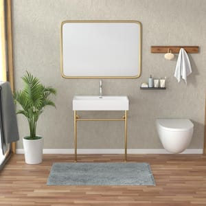 30x17 Freestanding Rectangular Bathroom Console Sink with Gold Support Legs Ceramic Utility Sink