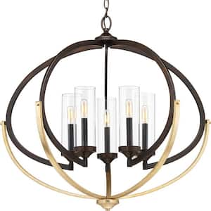 Evoke Collection 33-3/4 in. 5-Light Antique Bronze Clear Glass Luxury Transitional Pendant Chandelier Dining Light