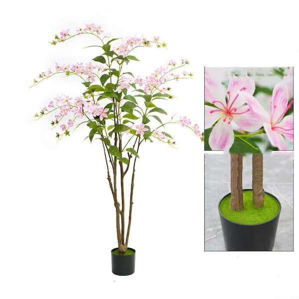Garvee 4. 9 ft. Pink Blooming Flower Artificial Tree, in Black Pot, Faux Blooming Flowers