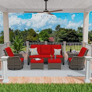 6-Pieces Wicker Outdoor Patio Furniture Sets Rattan Chair Wicker Set with Red Cushion