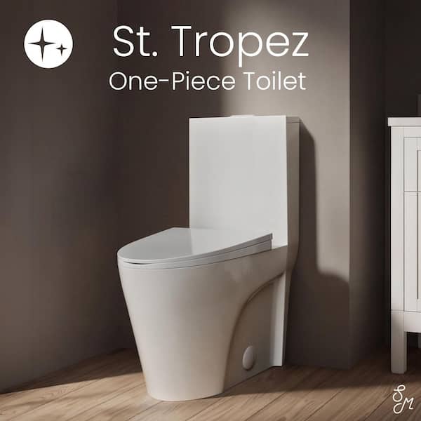 St. Tropez 1-Piece 1.1/1.6 GPF Dual Flush Elongated Toilet in Glossy White, White Hardware