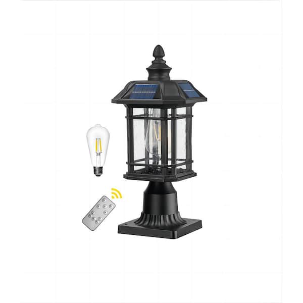 JAZAVA 16 in. 1-Light Solar Black Finish Metal Hardwired Dusk to Dawn Outdoor Waterproof Pier Mount Light with LED Light Bulb
