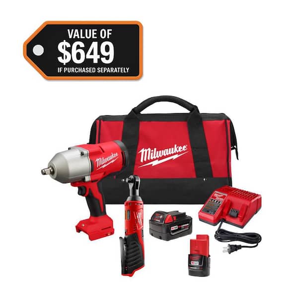 M12/M18 12/18V Lithium-Ion Cordless 3/8 in. Ratchet and 1/2 in. High Torque Impact Wrench with Friction Ring Combo Kit