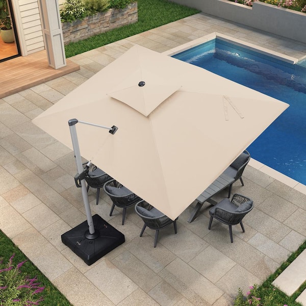 PURPLE LEAF 9 ft. x 12 ft. High-Quality Aluminum Cantilever Polyester Offset Outdoor Patio Umbrella with Stand, Beige