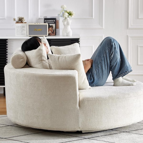 Beige Chenille Foam Single Swivel Chair, Fluffy Modern Sleeper
