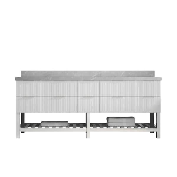 Willow Collections Catalina 84 in. Double Sink Freestanding Fine Grain Bath Vanity with Pearl Gray Qt. Top Unassembled