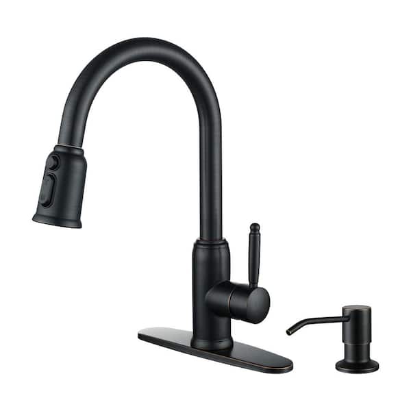 AVITAS Stainless Steel Single Handle Pull Down Sprayer Kitchen Faucet with Soap Dispenser in Oil Rubbed Bronze