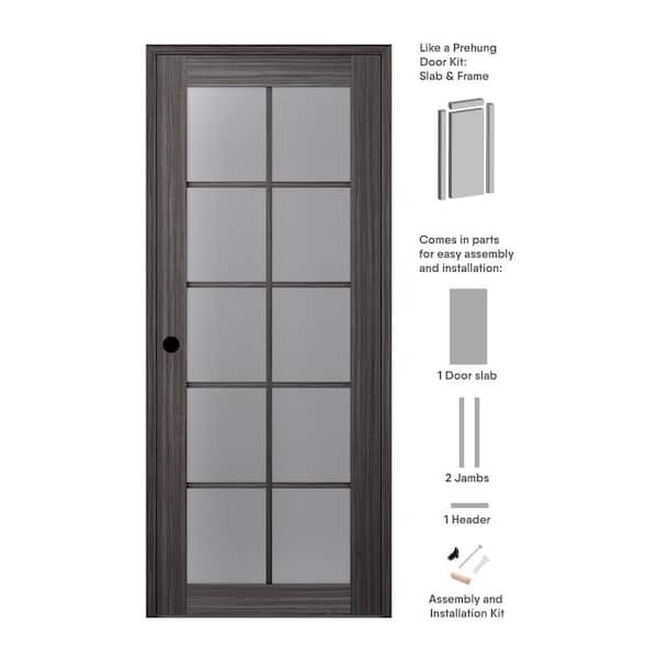 Belldinni Paola 30 in. x 80 in. Right-Handed 10-Lite Frosted Glass Solid Core Gray Oak Wood Single Prehung Interior Door