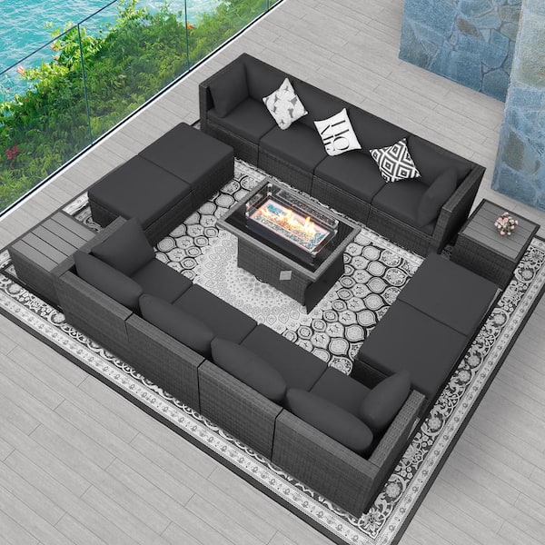 Luxury Gray 15 Piece 12 Seats Wicker Patio Fire Pit Sofa Set with Dark Gray Cushions Ottomans and Coffee Tables