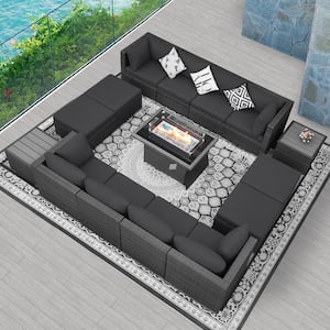 Luxury Gray 15-Piece 12-Seats Wicker Patio Fire Pit Sofa Set with Dark Gray Cushions Ottomans and Coffee Tables