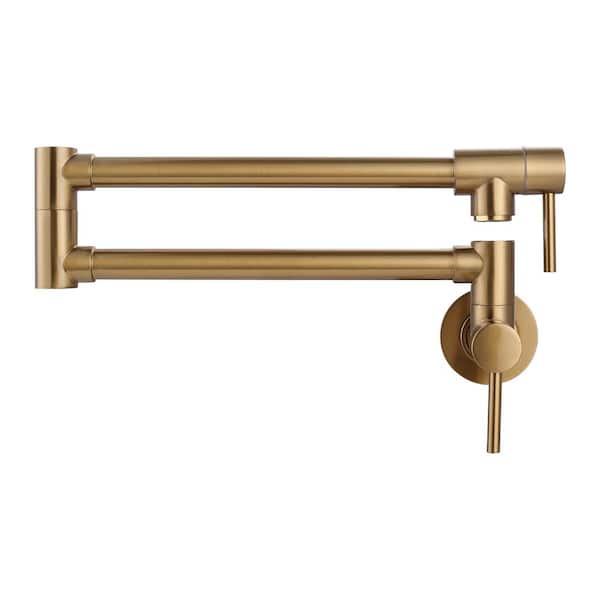 Wall Mouned Pot Filler Kitchen Faucet, Kitchen Faucet with Double Joint Swing Arm in Brushed Gold