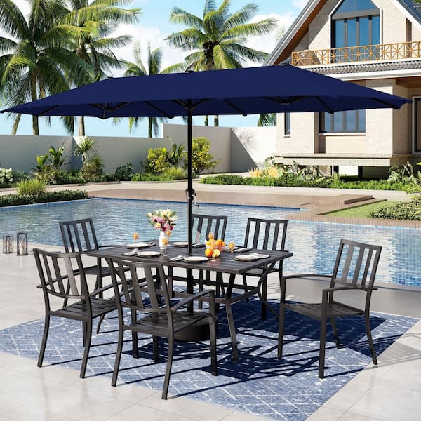 PHI VILLA 8-Piece Metal Outdoor Dining Set with Stackable Chairs and Umbrella