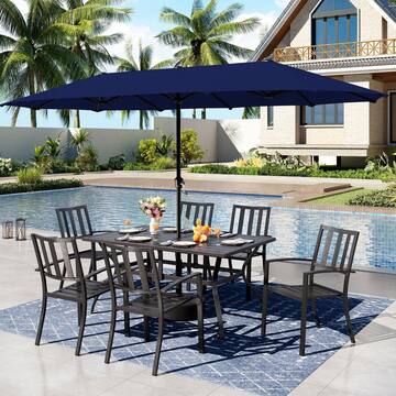 PHI VILLA 8-Piece Metal Outdoor Dining Set with Stackable Chairs and Beige Umbrella THD8-S60405910M