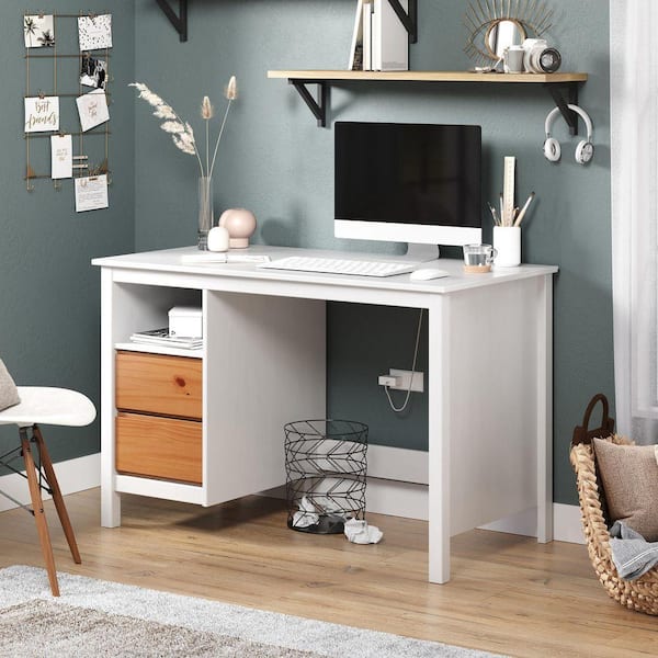 trendfurn by design Eclipse 45.3 in. W Rectangular White Wood 2-Drawer Desk with Shelf