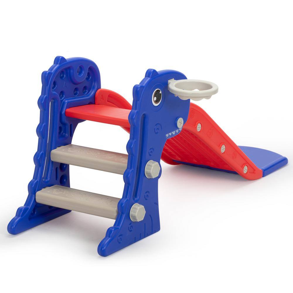 Blue and Red Dinosaur 3-in-1 Toddler Slide with Ladder and Hoop