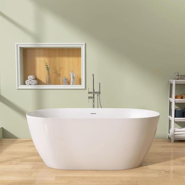 Zey 67 in. x 29.5 in. Acrylic Freestanding Soaking Bathtub Flatbottom Oval Stand Alone Tub with Removable Drain in White
