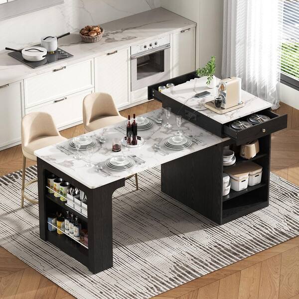 Black 59.5 in. Rolling Kitchen Storage Cabinet with Extendable Dining Table, 2 Drawers, Power Outlet