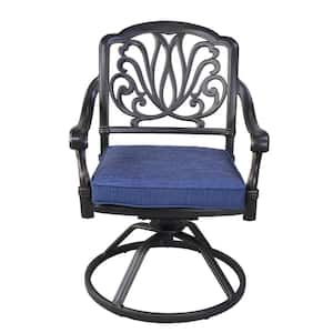 Gray Frame Aluminum Outdoor Dining Chair Patio Swivel Rocker Chairs, With Navy Blue Cushion, Set of 2