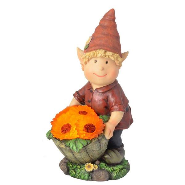 Moonrays Solar Powered LED Multi-Color Outdoor Polyresin Garden Elf with Basket of Flowers Statue