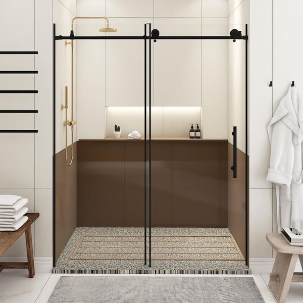 60 in. W x 76 in. H Sliding Frameless Shower Door in Matte Black Finish with Clear Tempered Glass