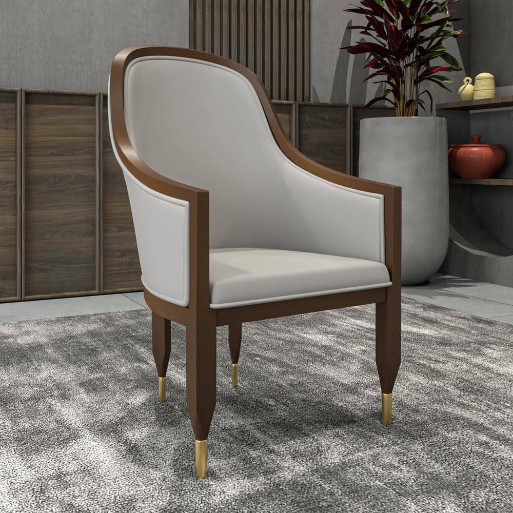 Light Grey Leather Upholstered Arm Chair with Wood Frame