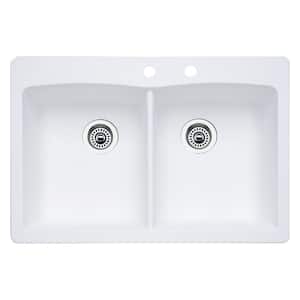Diamond Dual-Mount Granite 33 in. 2-Hole 50/50 Double Bowl Kitchen Sink in White